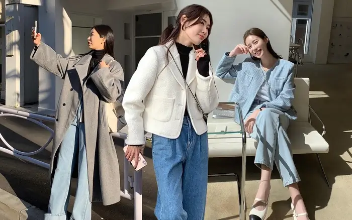 Phối áo len cùng quần denim và áo khoác dáng dài