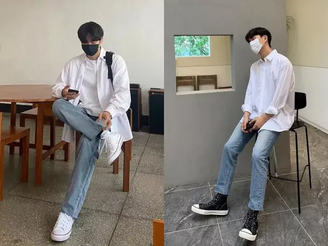 Sơ mi oversize kết hợp với quần denim rách